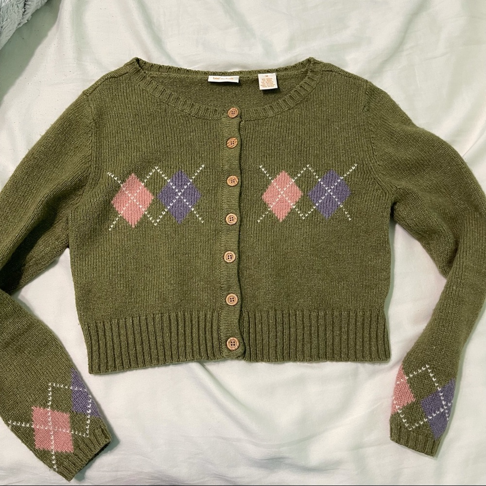 Green argyle sweater cardigan